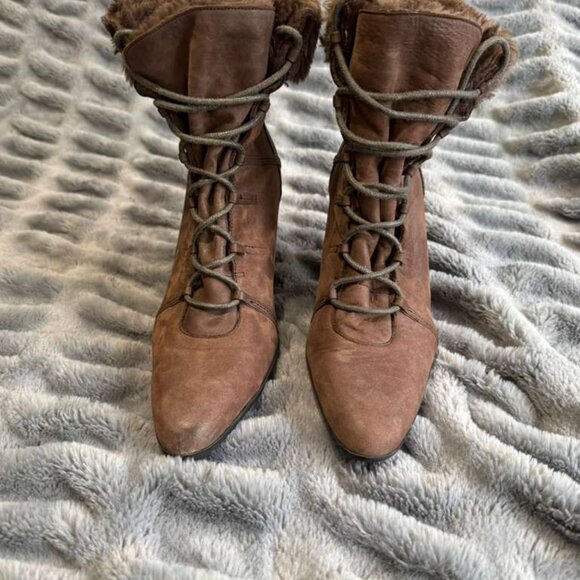 Colin Stuart Brown Genuine Leather Heel stiletto Boots Faux Fur Pointed Toe 7M - Picture 7 of 13